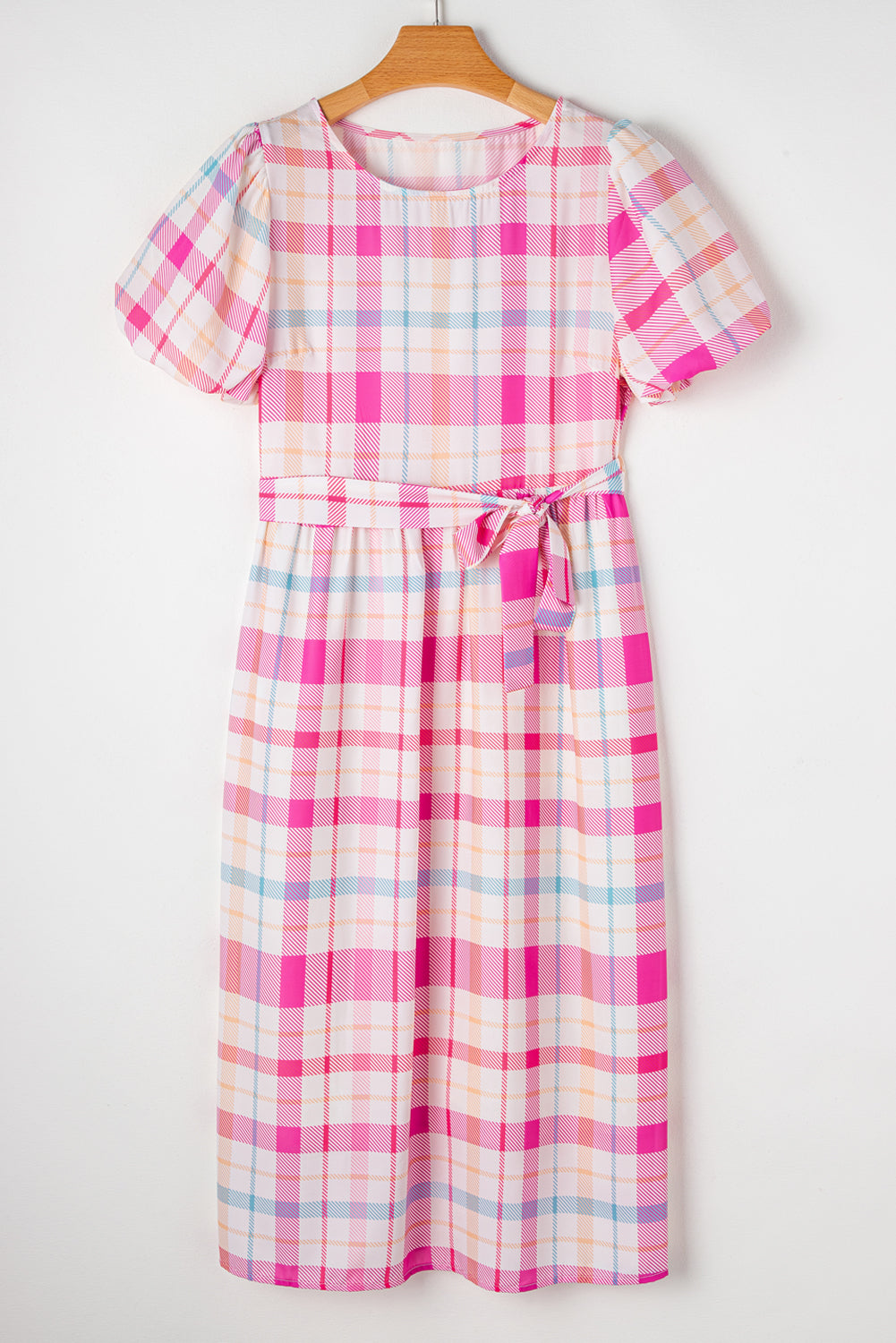 Blue Zone Planet | Pink Checkered Puff Sleeve Belted Midi Dress-TOPS / DRESSES-[Adult]-[Female]-2022 Online Blue Zone Planet