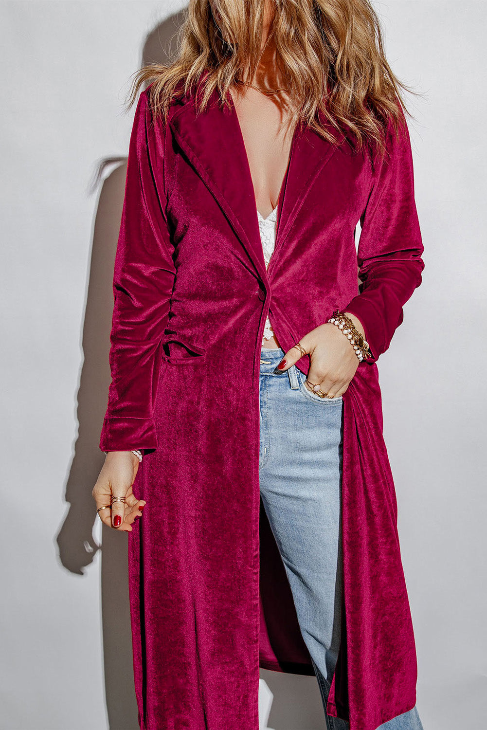 Collared Neck Longline Velvet Cardigan with Pockets BLUE ZONE PLANET