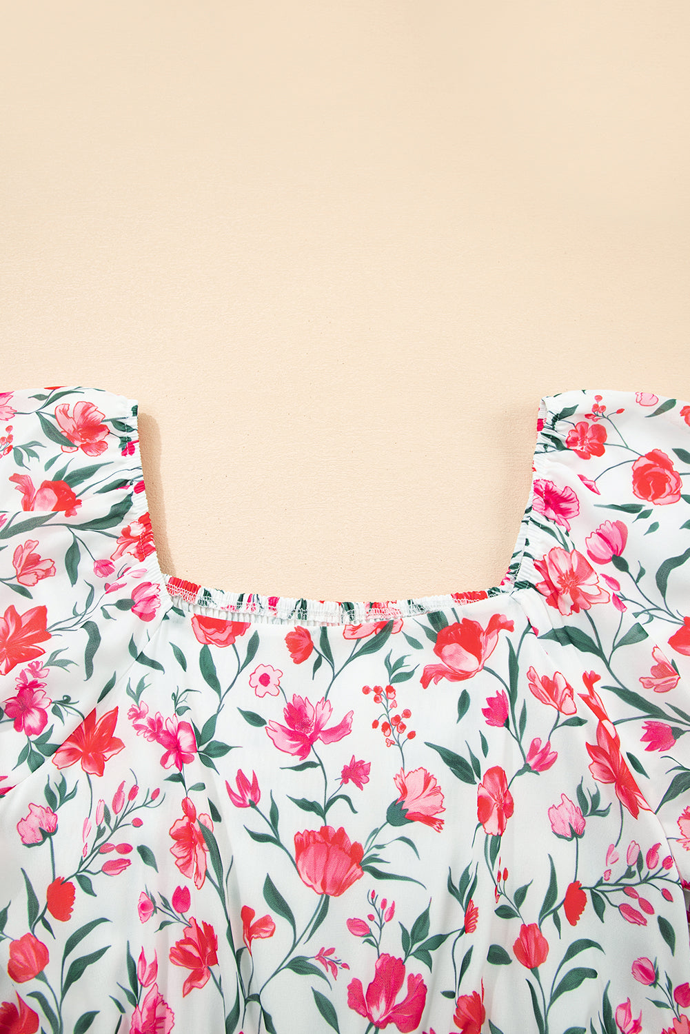 Pink Floral Puff Sleeve Square Neck Empire Waist Tiered Maxi Dress-Dresses/Floral Dresses-[Adult]-[Female]-2022 Online Blue Zone Planet