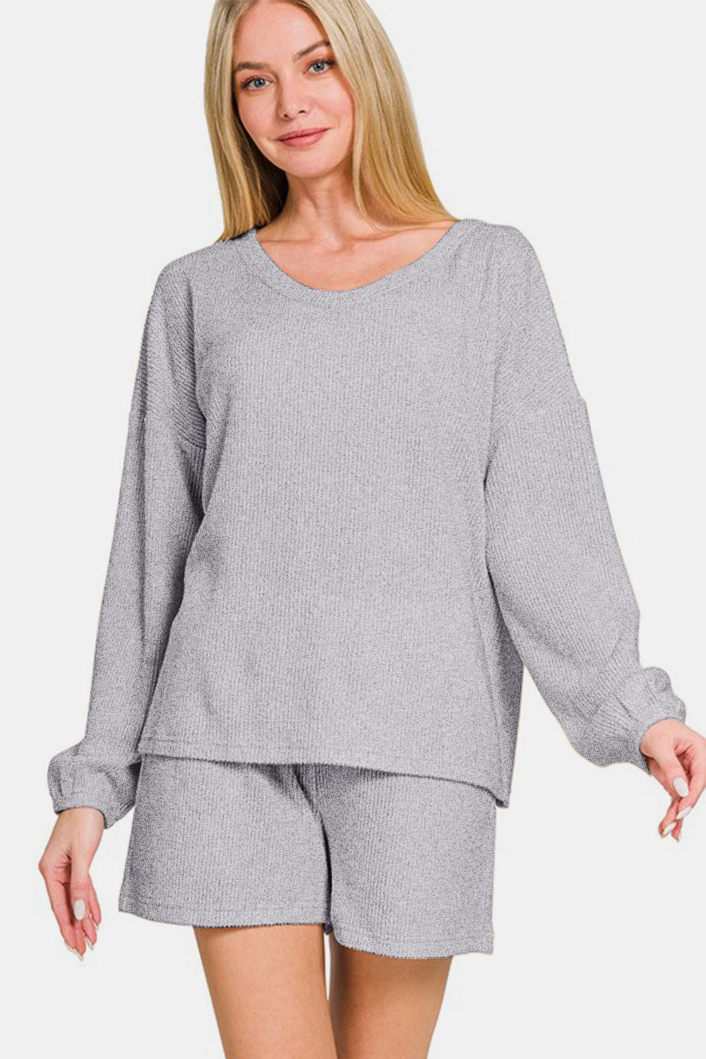 Blue Zone Planet | Zenana V-Neck Long Sleeve Ribbed Top and Shorts Set-TOPS / DRESSES-[Adult]-[Female]-Gray-S-2022 Online Blue Zone Planet