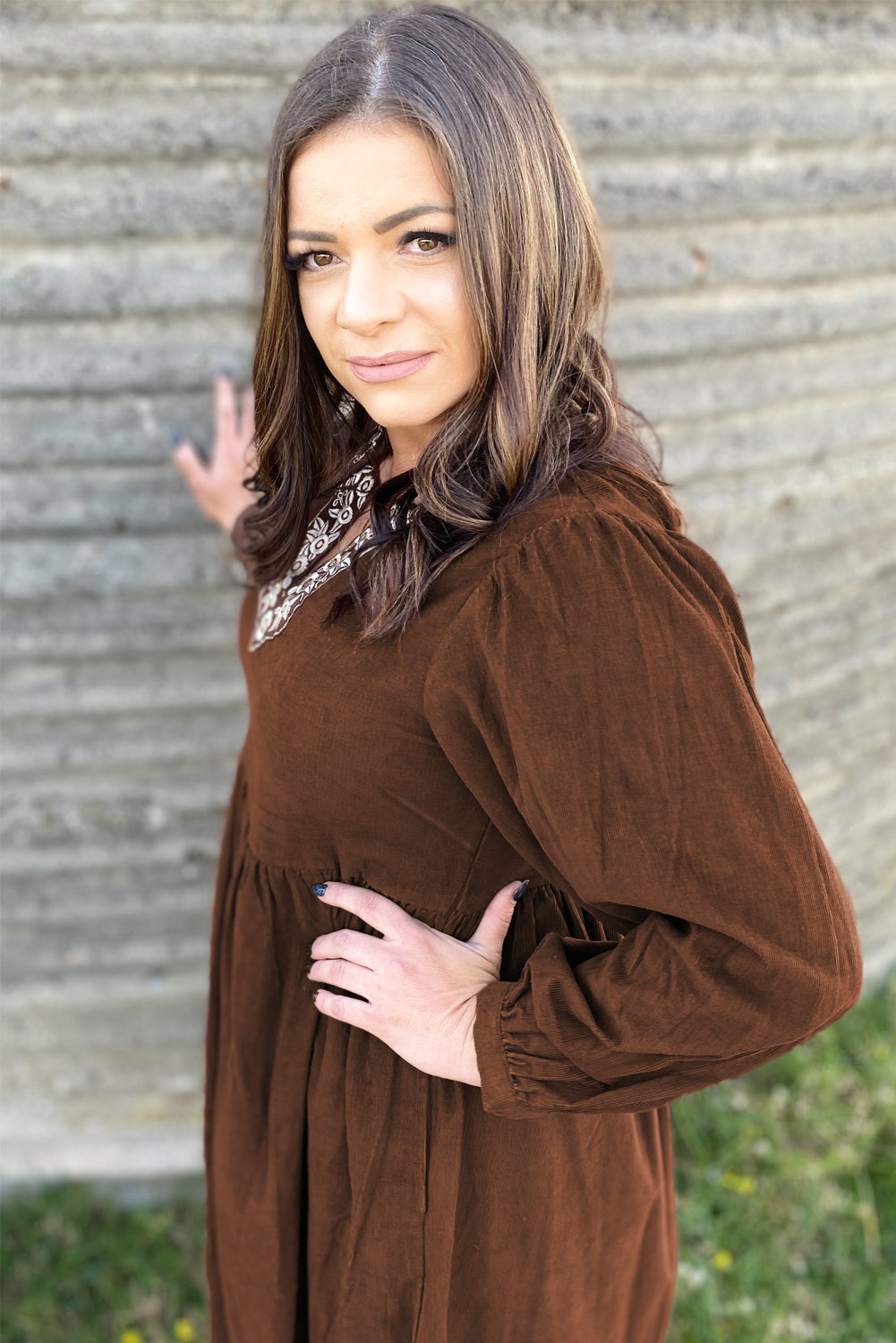 Coffee Embroidered Notched Neckline Textured Pleated High Waist Plus Size Midi Dress-TOPS / DRESSES-[Adult]-[Female]-2022 Online Blue Zone Planet