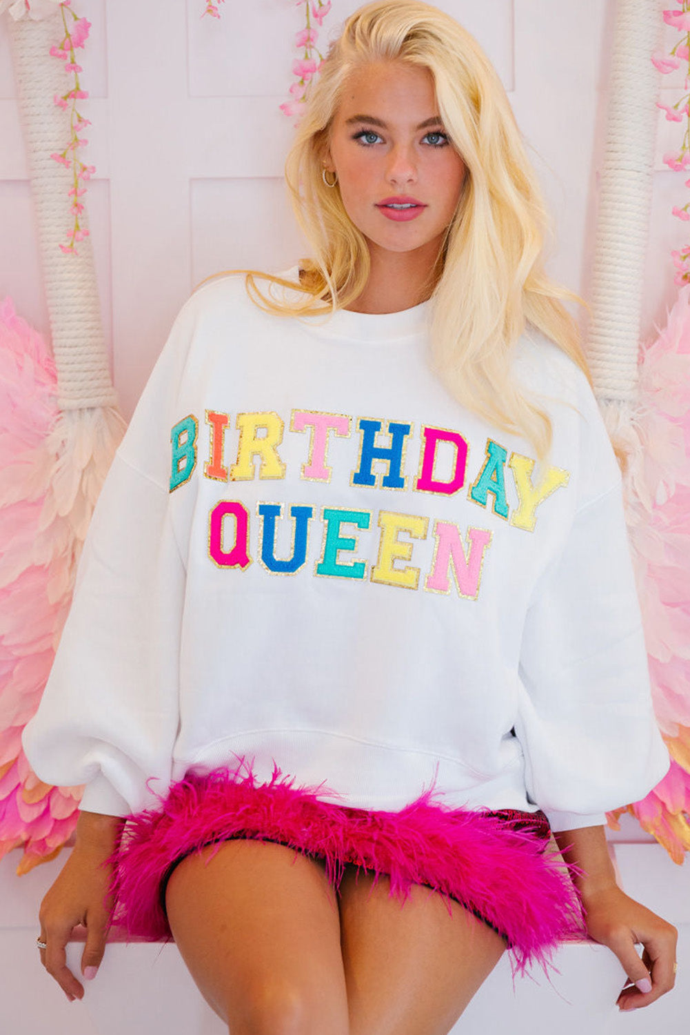 White BIRTHDAY QUEEN Graphic Balloon Sleeve Sweatshirt-Tops/Sweatshirts & Hoodies-[Adult]-[Female]-2022 Online Blue Zone Planet