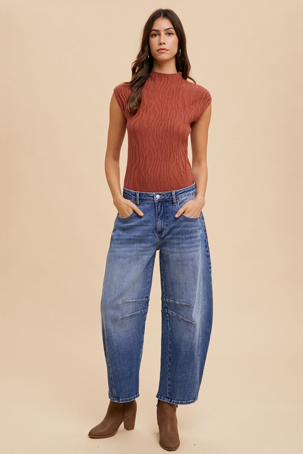 Annie Wear Mid Rise Barrel Leg Jeans with Pockets-BOTTOMS SIZES SMALL MEDIUM LARGE-[Adult]-[Female]-2022 Online Blue Zone Planet