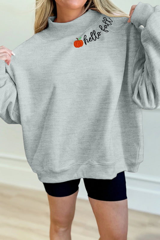 Gray hello fall Embroidered Pumpkin Detail Mock Neck Sweatshirt-Graphic/Graphic Sweatshirts-[Adult]-[Female]-Gray-S-2022 Online Blue Zone Planet