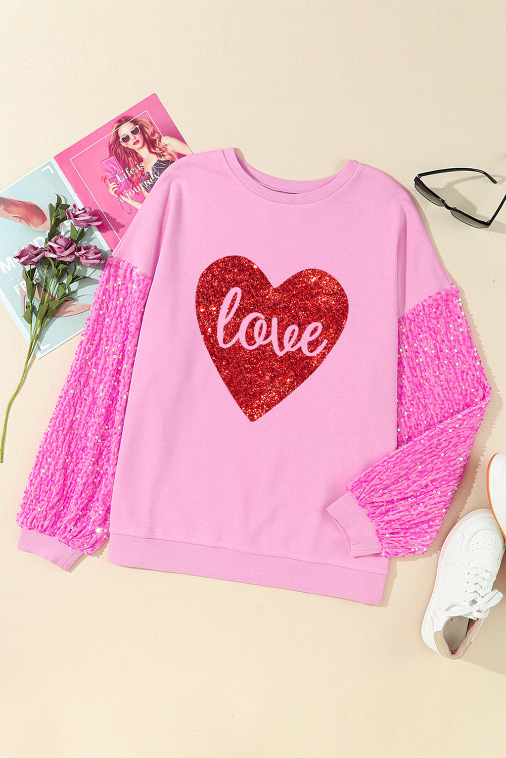 Pink Shiny Heart Shape love Print Sequined Sleeve Sweatshirt-Graphic/Graphic Sweatshirts-[Adult]-[Female]-2022 Online Blue Zone Planet