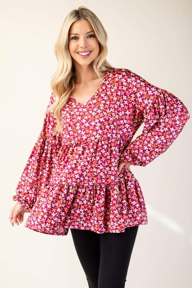 Celeste Full Size Floral V-Neck Balloon Sleeve Blouse-TOPS / DRESSES-[Adult]-[Female]-2022 Online Blue Zone Planet