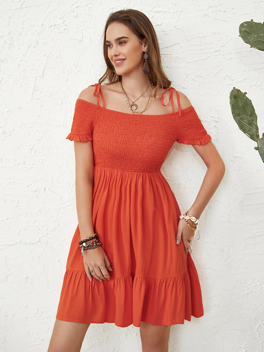 Smocked Spaghetti Strap Short Sleeve Dress-TOPS / DRESSES-[Adult]-[Female]-Orange-S-2022 Online Blue Zone Planet