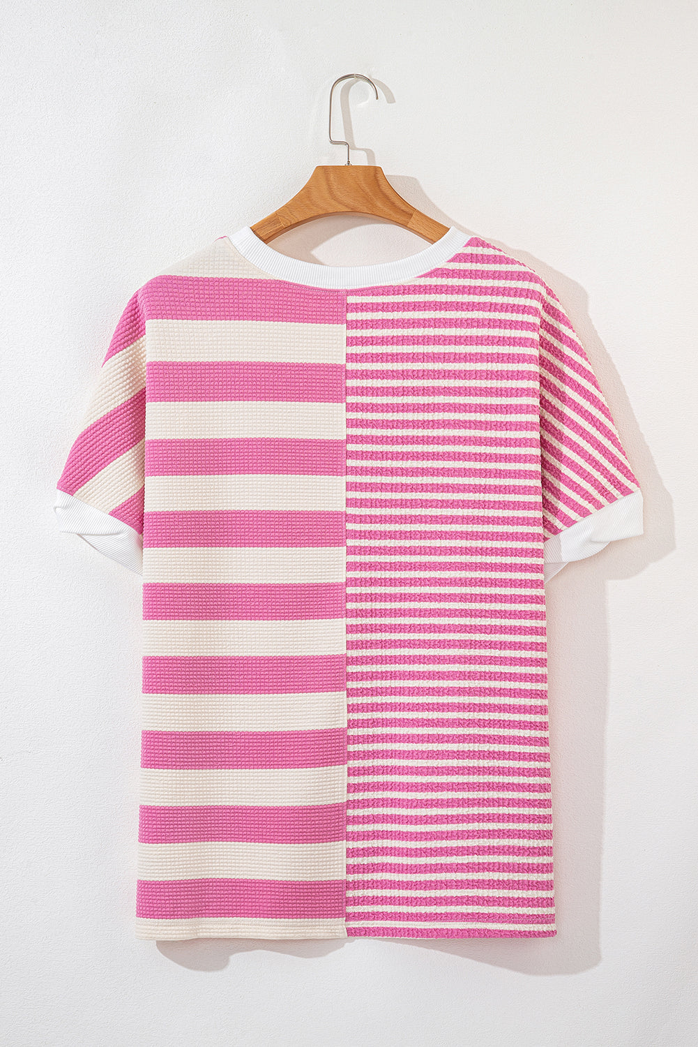 High-Low Striped Round Neck Short Sleeve T-Shirt-TOPS / DRESSES-[Adult]-[Female]-2022 Online Blue Zone Planet