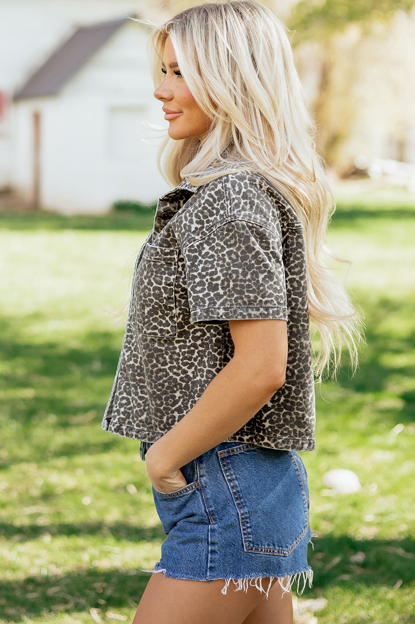 Gray Vintage Leopard Print Short Sleeve Loose Cotton Denim Shirt-Tops/Blouses & Shirts-[Adult]-[Female]-2022 Online Blue Zone Planet