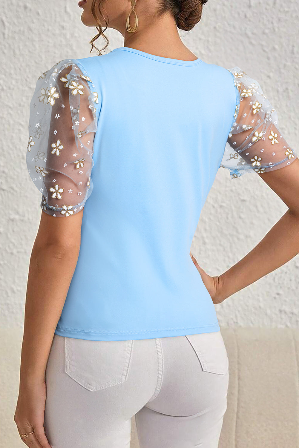 Beau Blue Floral Mesh Puff Sleeve Crew Neck Top-Tops/Blouses & Shirts-[Adult]-[Female]-2022 Online Blue Zone Planet