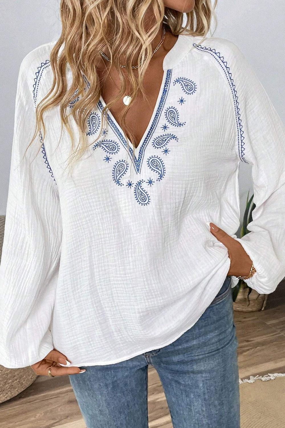 Embroidered Notched Long Sleeve Blouse-TOPS / DRESSES-[Adult]-[Female]-White-S-2022 Online Blue Zone Planet