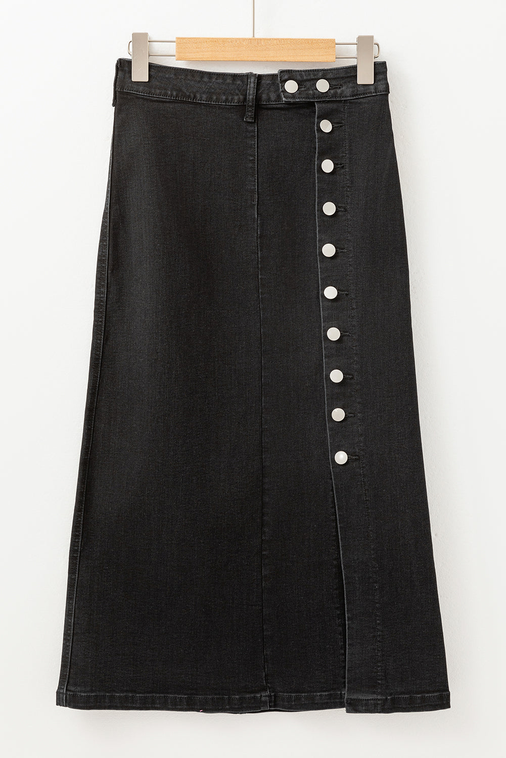 Blue Zone Planet | Black Button Fly Side Split High Waist Denim Midi Skirt-Bottoms/Skirts & Petticoat-[Adult]-[Female]-2022 Online Blue Zone Planet