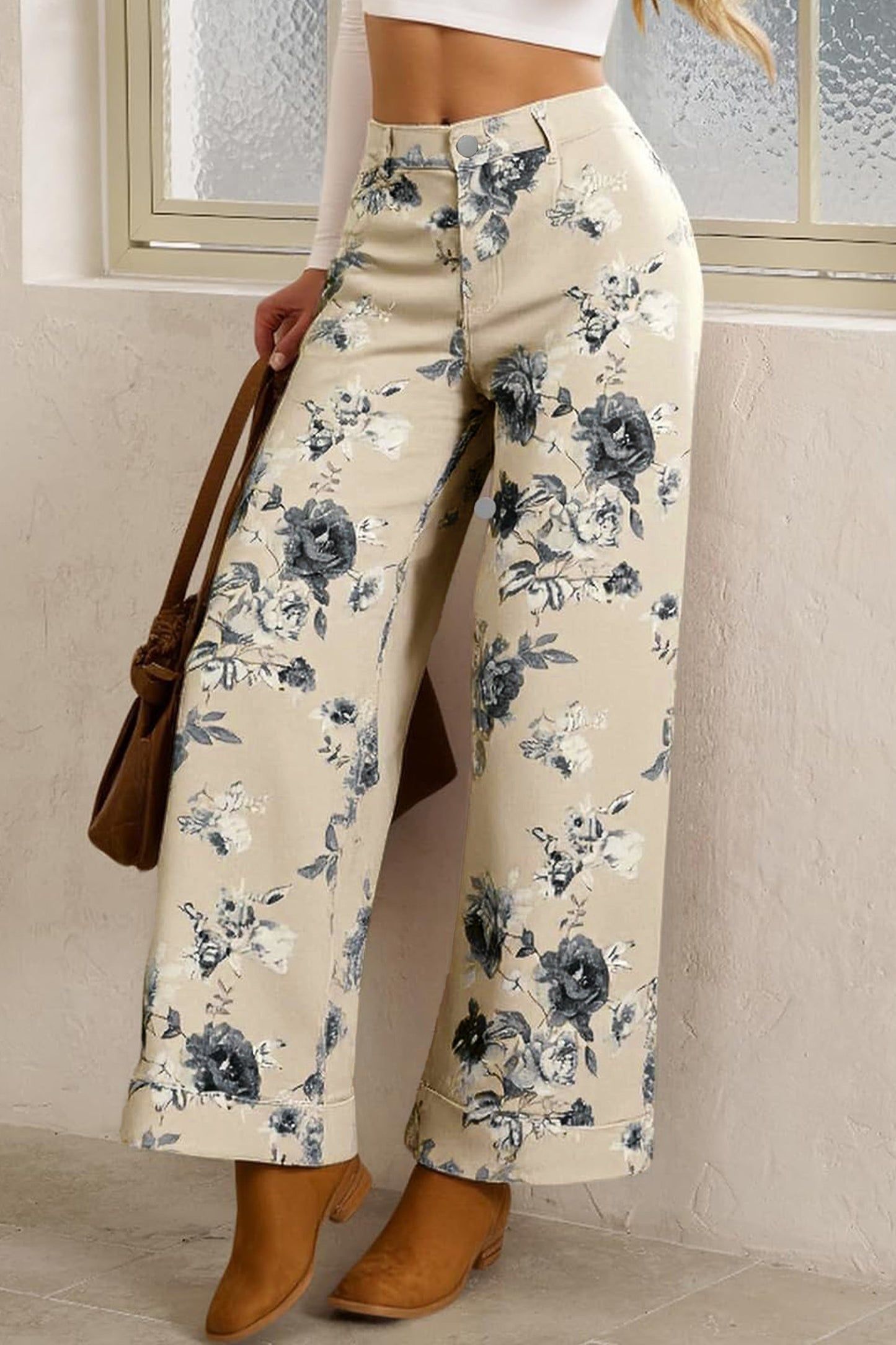 Beige Retro Floral Print Turn-up Cuffed Hem Loose Jeans-Bottoms/Jeans-[Adult]-[Female]-Beige-4-2022 Online Blue Zone Planet