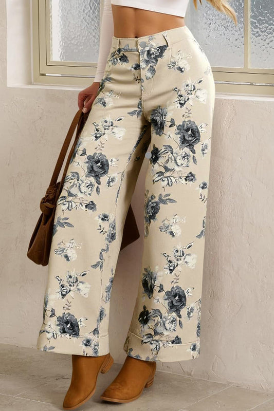 Beige Retro Floral Print Turn-up Cuffed Hem Loose Jeans-Bottoms/Jeans-[Adult]-[Female]-Beige-4-2022 Online Blue Zone Planet