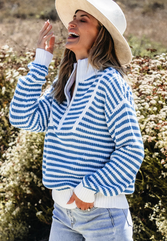 Striped Half Zip Mock Neck Long Sleeve Sweater-TOPS / DRESSES-[Adult]-[Female]-2022 Online Blue Zone Planet