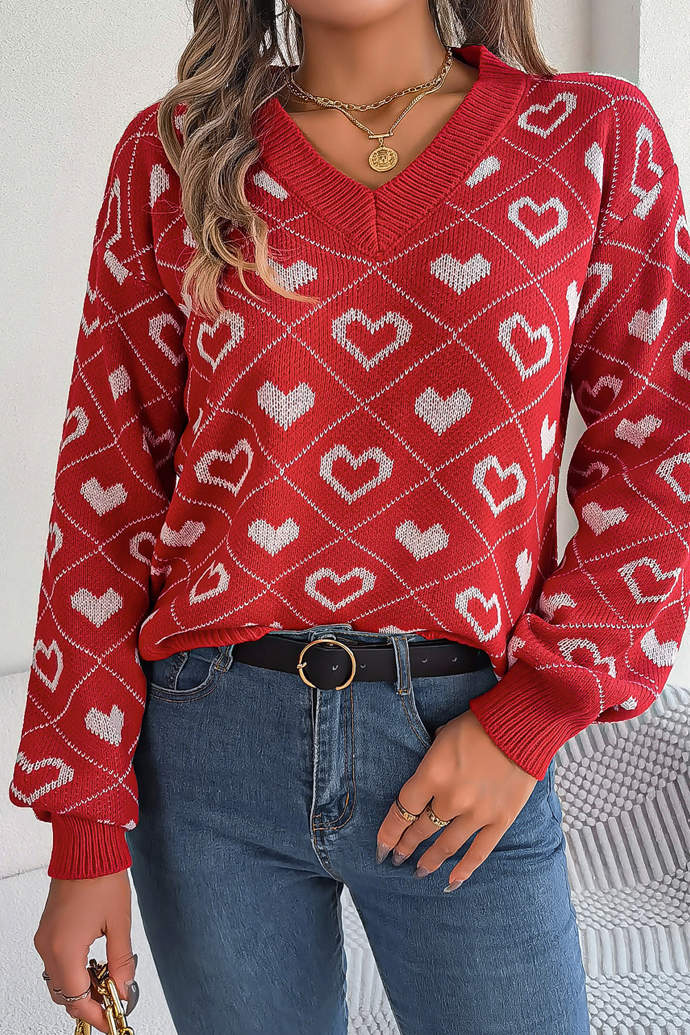 Racing Red Heart Print Lantern Sleeve Sweater-Sweaters-[Adult]-[Female]-2022 Online Blue Zone Planet