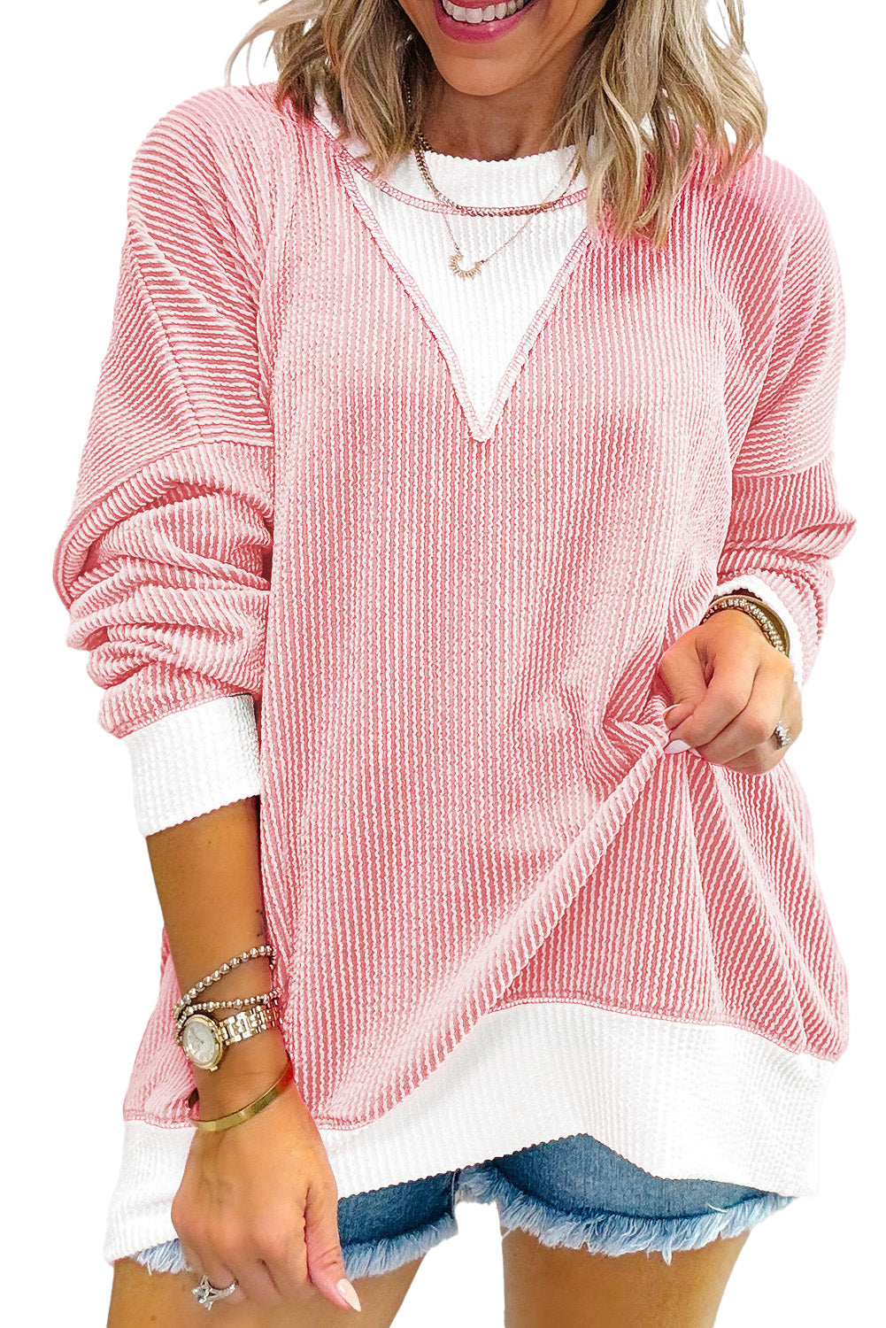 Peach Blossom Corded Colorblock Drop Shoulder Loose Top-Long Sleeve Tops-[Adult]-[Female]-2022 Online Blue Zone Planet