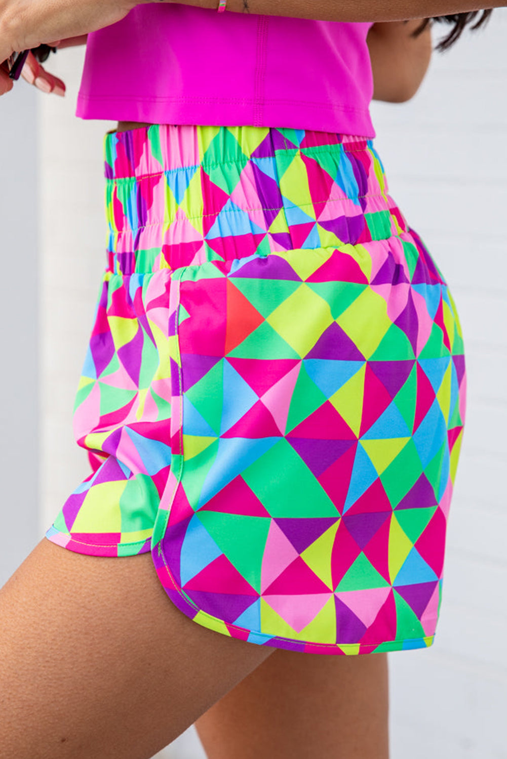 Multicolor Geometric High Waisted Athletic Shorts-Bottoms/Casual Shorts-[Adult]-[Female]-2022 Online Blue Zone Planet