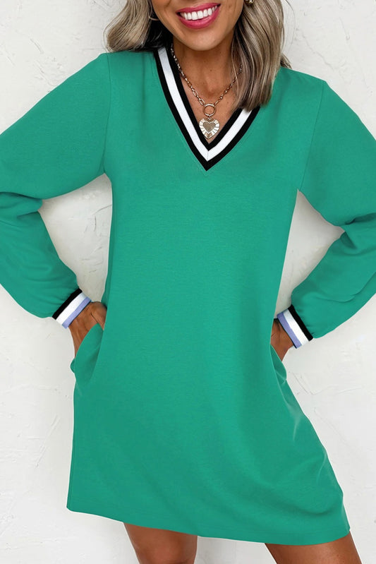 Mint Green Varsity Contrast Striped V Neck Long Sleeve T Shirt Dress with Pockets-Dresses/T Shirt Dresses-[Adult]-[Female]-Mint Green-S-2022 Online Blue Zone Planet