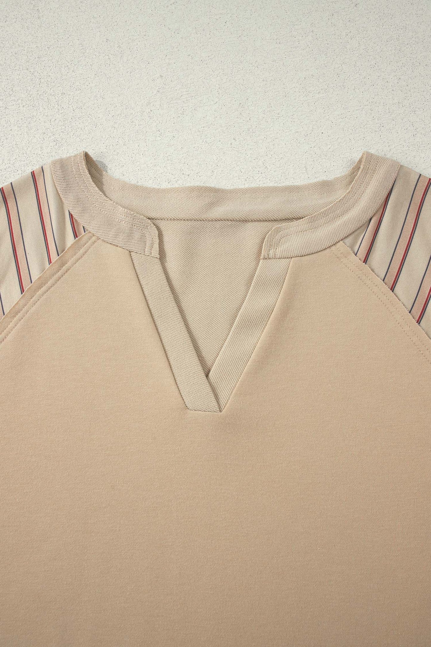 Parchment Striped Raglan Sleeve Notched Neck Raw Edge Plus Size Jumper-Plus Size/Plus Size Tops/Plus Size Long Sleeve Tops-[Adult]-[Female]-2022 Online Blue Zone Planet