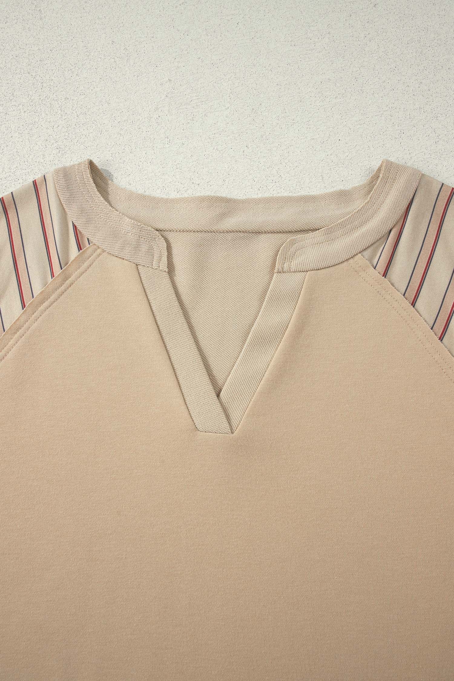 Parchment Striped Raglan Sleeve Notched Neck Raw Edge Plus Size Jumper-Plus Size/Plus Size Tops/Plus Size Long Sleeve Tops-[Adult]-[Female]-2022 Online Blue Zone Planet