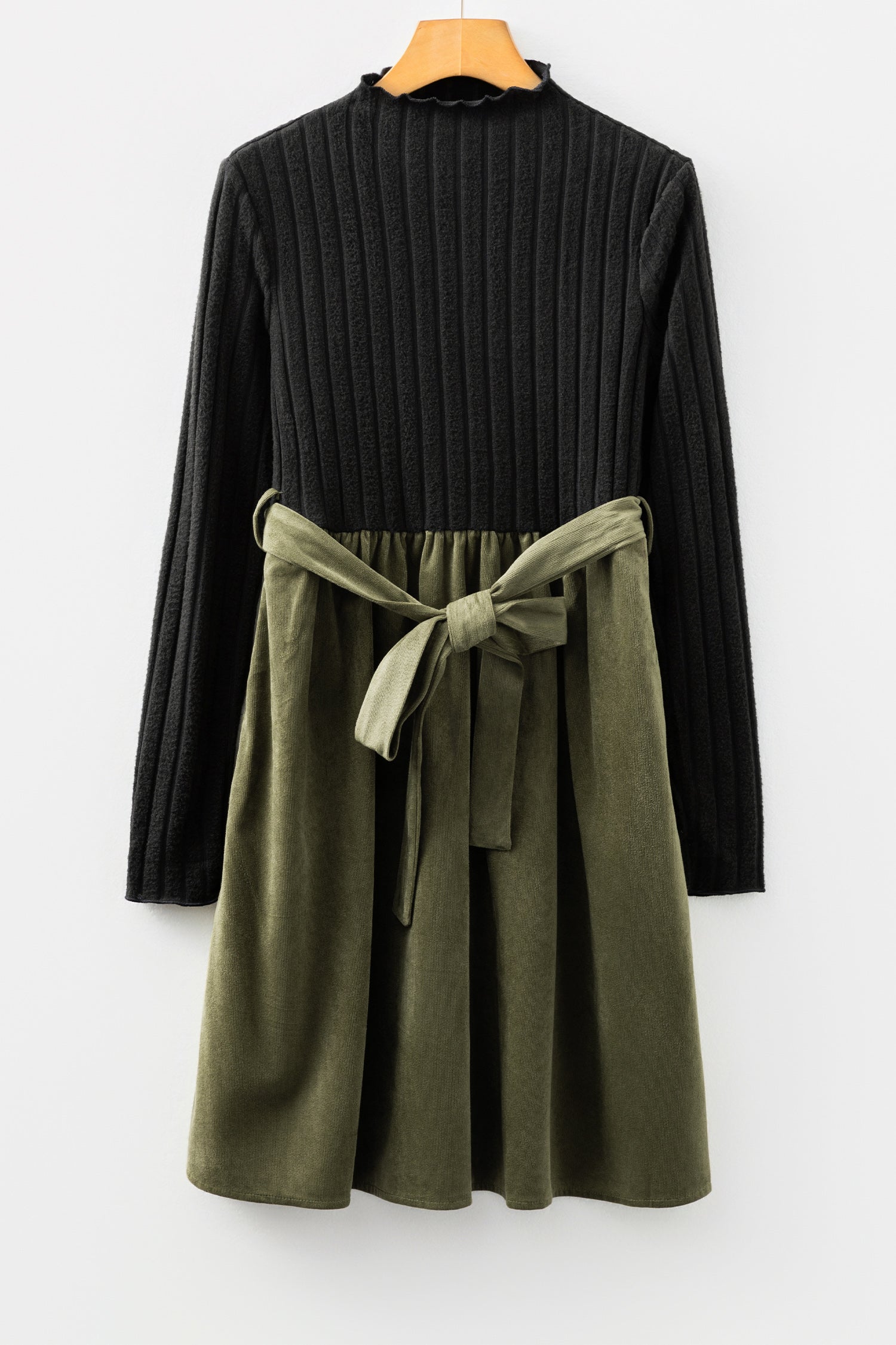 Black Ribbed Knit Slim Bodice Contrast Flared Skirt Patchwork Belted Dress-TOPS / DRESSES-[Adult]-[Female]-2022 Online Blue Zone Planet