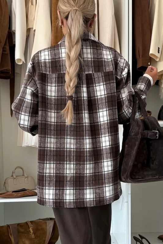 Dark Brown Flanel Plaid Single Chest Pocket Boyfriend Shacket-TOPS / DRESSES-[Adult]-[Female]-2022 Online Blue Zone Planet
