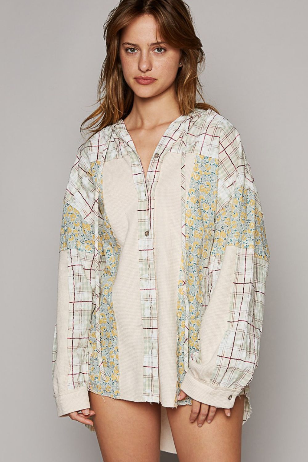 Blue Zone Planet | POL Long Sleeve Knit Mixed Hoodie Plaid Shirt-TOPS / DRESSES-[Adult]-[Female]-Olive Multi-S-2022 Online Blue Zone Planet