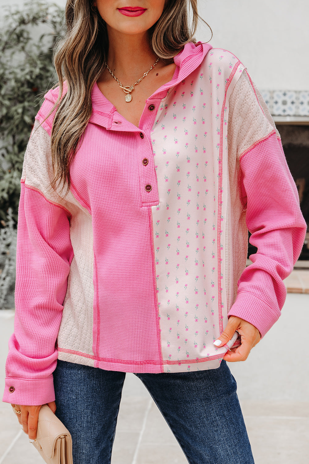 Pink Mixed Texture Waffle Floral Patchwork Hooded Oversize Pullover-Tops/Sweatshirts & Hoodies-[Adult]-[Female]-2022 Online Blue Zone Planet