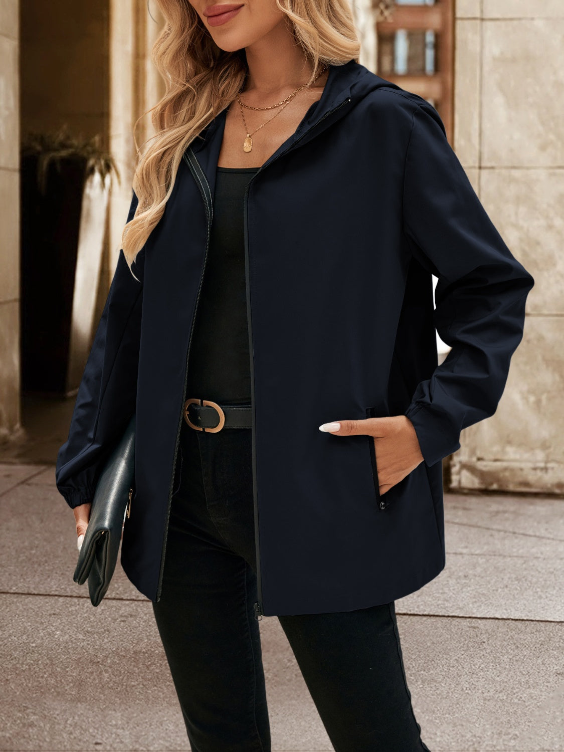 Pocketed Zip Up Hooded Jacket-TOPS / DRESSES-[Adult]-[Female]-2022 Online Blue Zone Planet