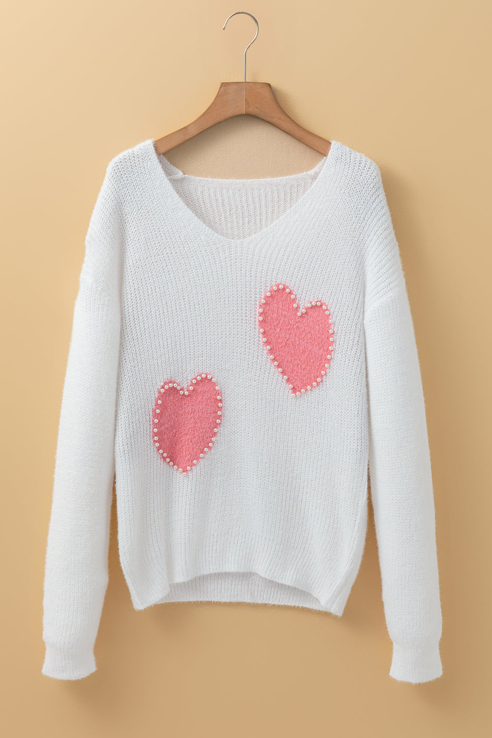 Blue Zone Planet | White Pearl Beaded Heart Pattern Fuzzy V Neck Sweater-Sweaters & Cardigans/Sweaters-[Adult]-[Female]-2022 Online Blue Zone Planet