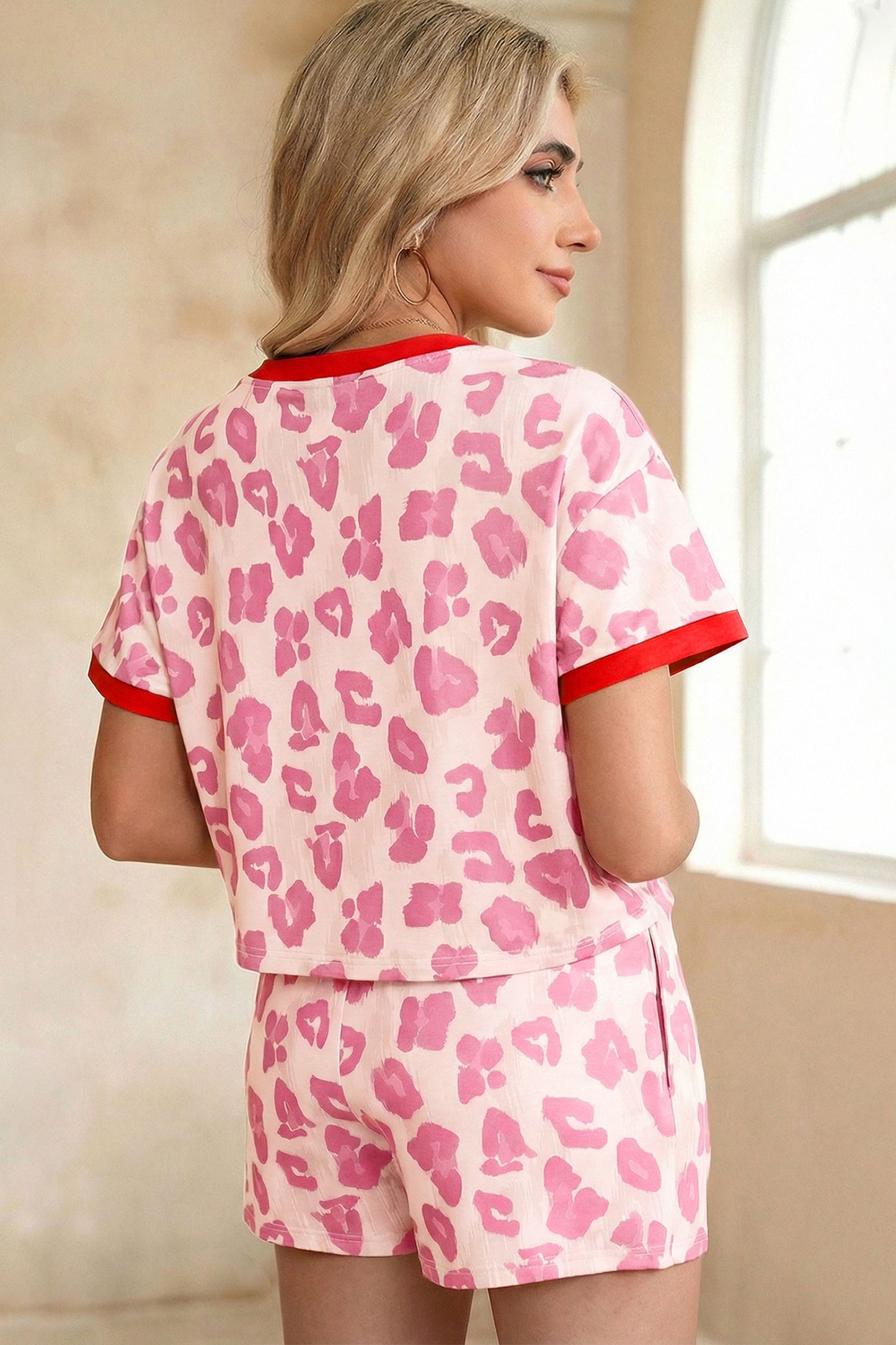 Rose Unique Leopard Print Contrast Trim Top Loose 2pcs Short Set-Two Piece Sets/Short Sets-[Adult]-[Female]-2022 Online Blue Zone Planet
