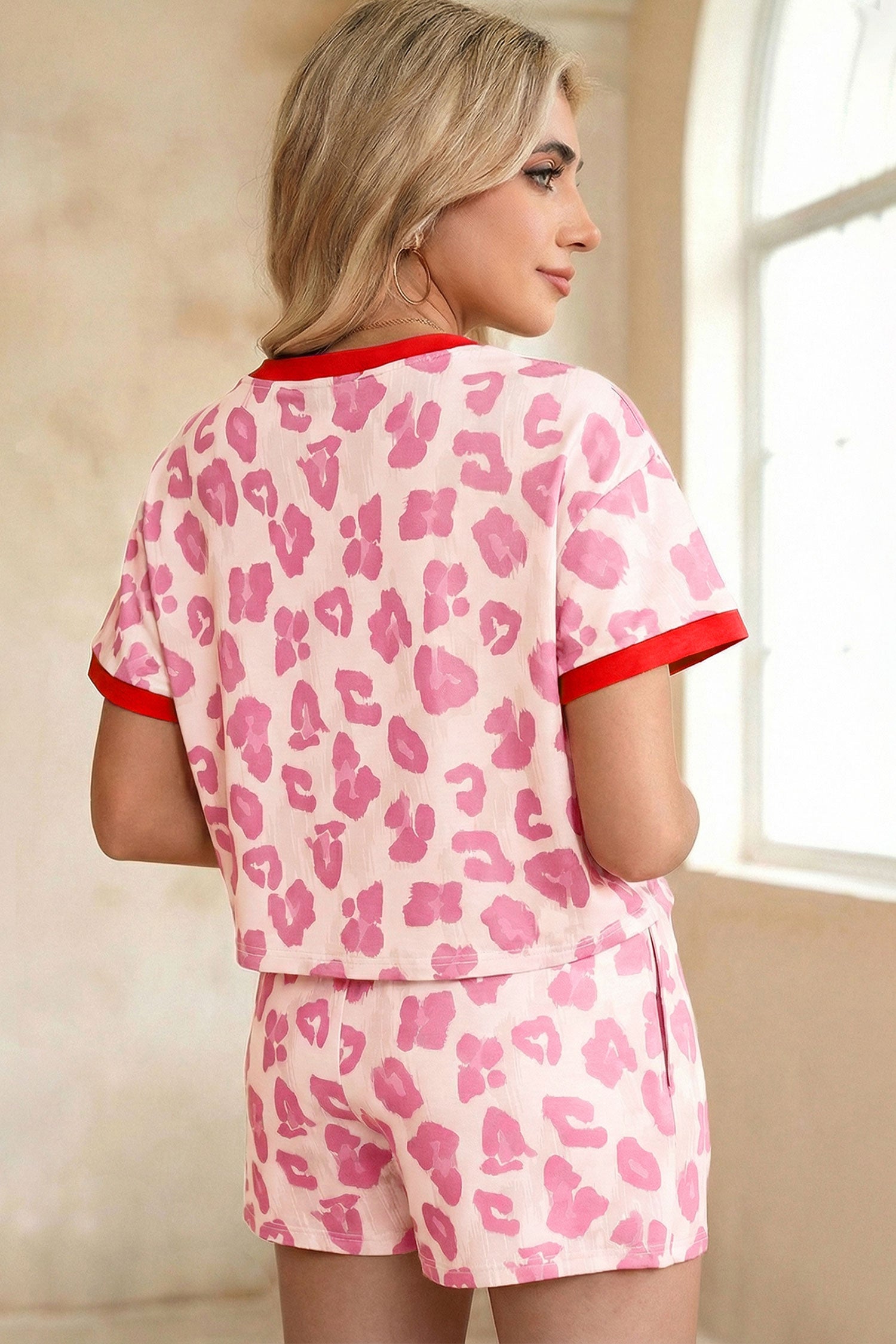 Rose Unique Leopard Print Contrast Trim Top Loose 2pcs Short Set-Two Piece Sets/Short Sets-[Adult]-[Female]-2022 Online Blue Zone Planet