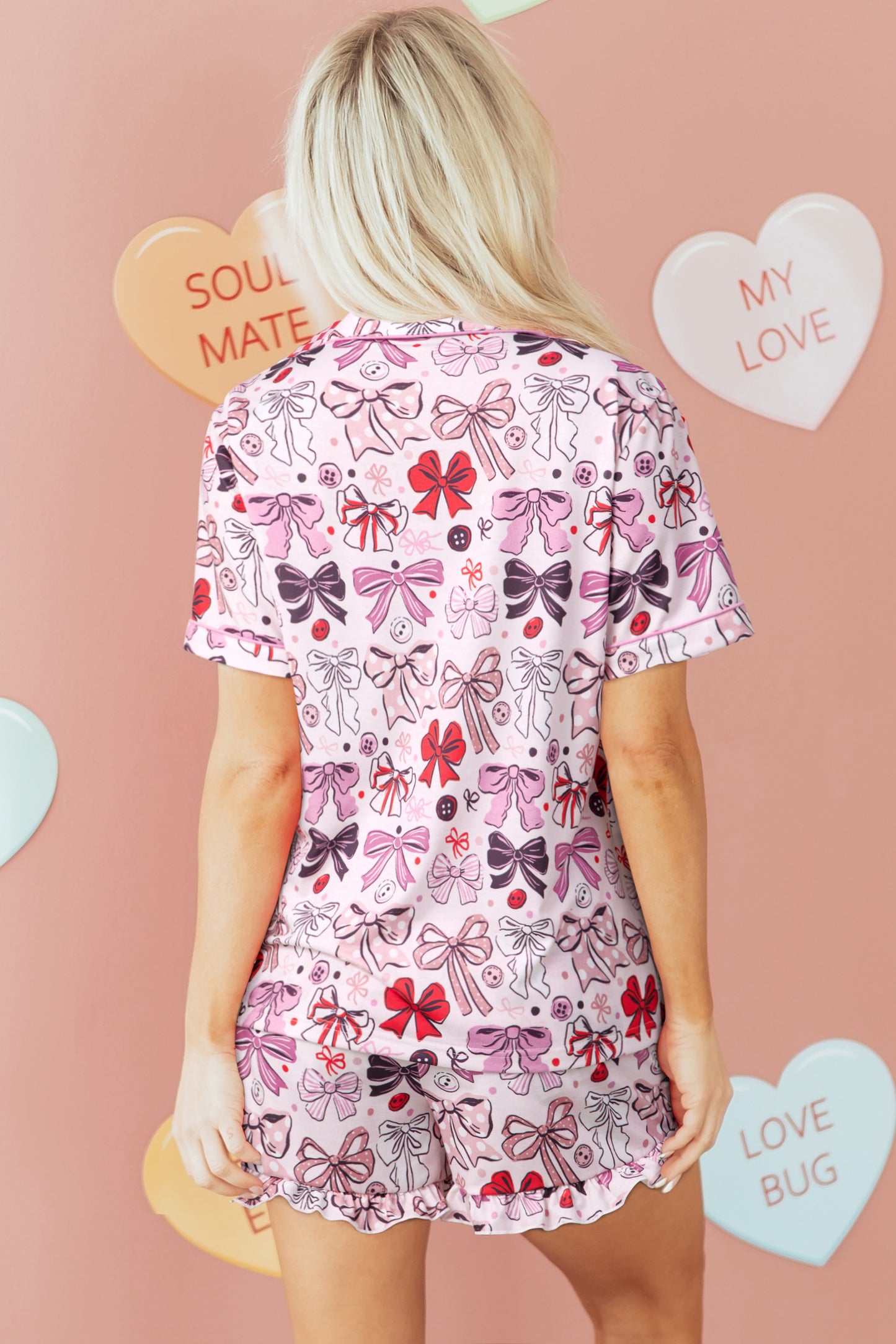 Pink Cute Ribbon Bows Printed Shirt Style 2pcs Short Pajama Set-Loungewear & Sleepwear/Loungewear-[Adult]-[Female]-2022 Online Blue Zone Planet
