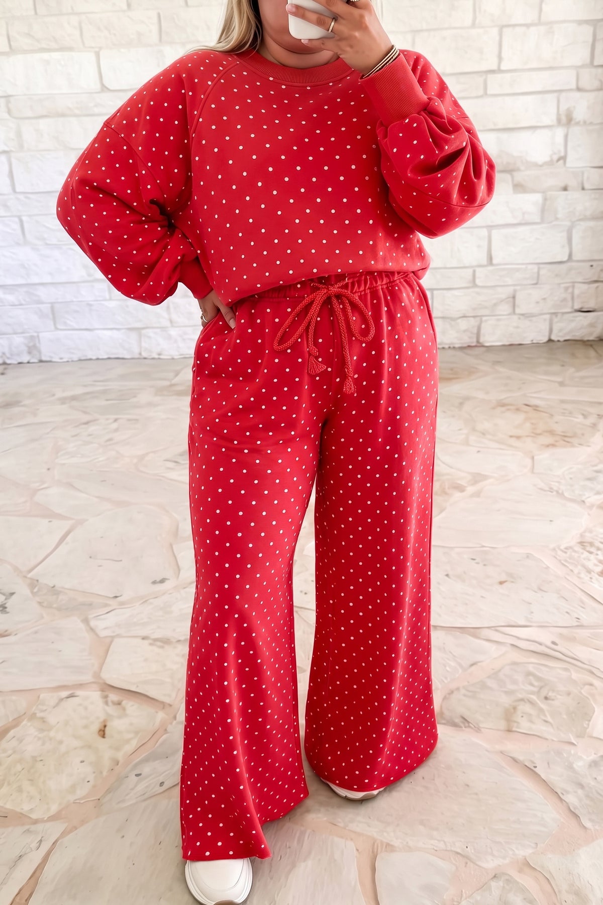 Red Polka Dot Round Neck Long Sleeve Plus Size Set-Plus Size/Plus Size Loungewear-[Adult]-[Female]-Red-1X-2022 Online Blue Zone Planet