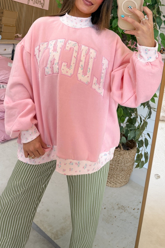 Pink High Neck Floral Patch Embroidery Long Sleeve Sweatshirt-Tops/Sweatshirts & Hoodies-[Adult]-[Female]-Pink-S-2022 Online Blue Zone Planet