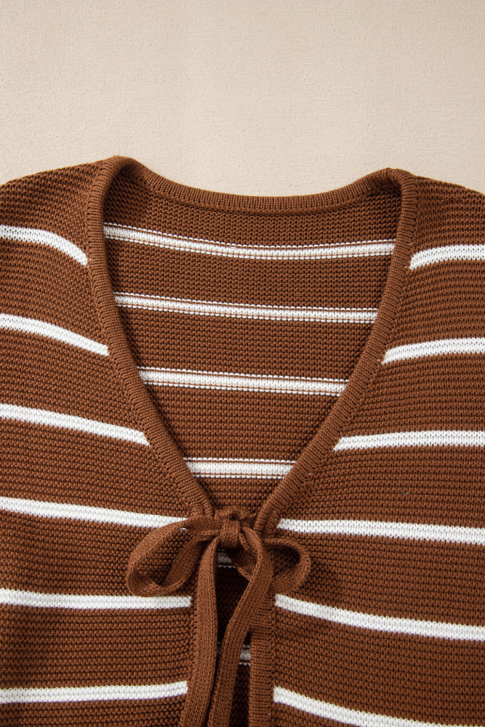 Chestnut Tie Front Striped Knit V Neck Cardigan Sweater-Sweaters & Cardigans/Cardigans-[Adult]-[Female]-2022 Online Blue Zone Planet