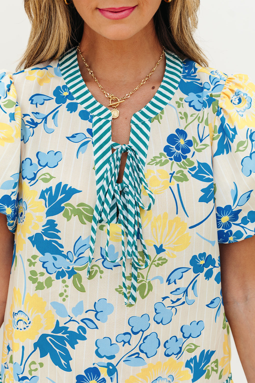 Blue Floral Striped Trim Puff Short Sleeve Dress-TOPS / DRESSES-[Adult]-[Female]-2022 Online Blue Zone Planet