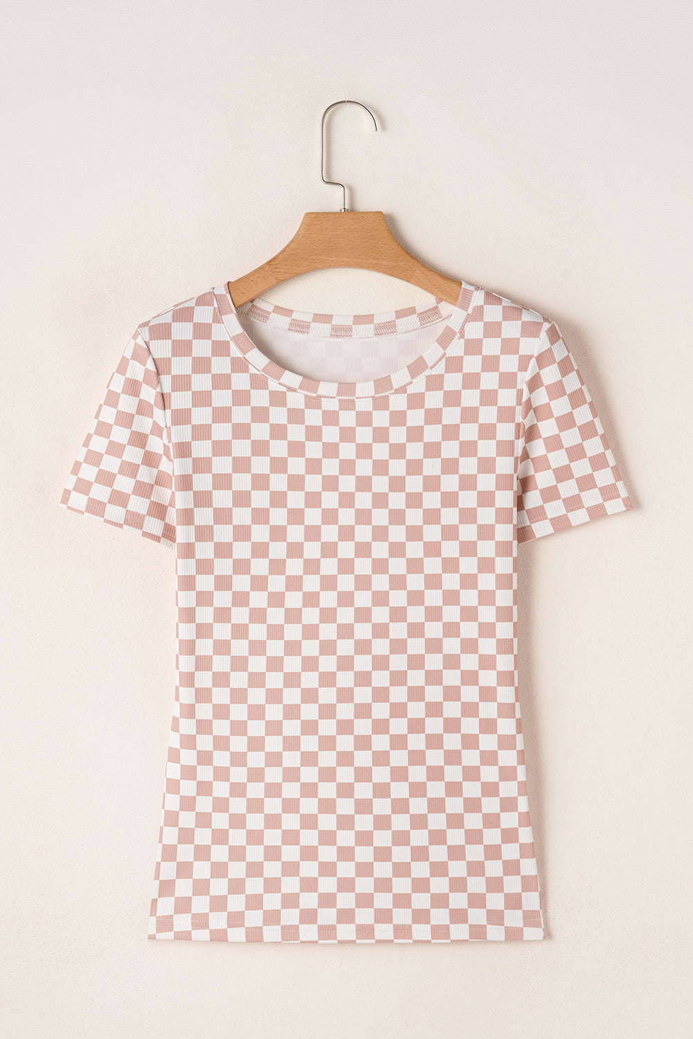 Pink Checkered Ribbed Slim Fit Crew Neck T Shirt-Tops/Tops & Tees-[Adult]-[Female]-2022 Online Blue Zone Planet