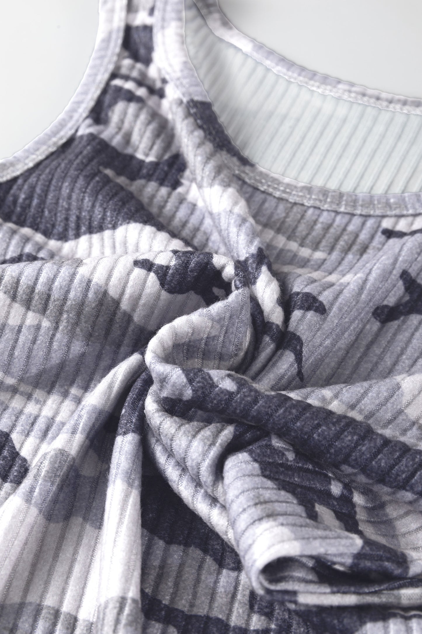 Gray Camouflage Print Ribbed Knit Round Neck Tank Top-Tops/Tank Tops-[Adult]-[Female]-2022 Online Blue Zone Planet