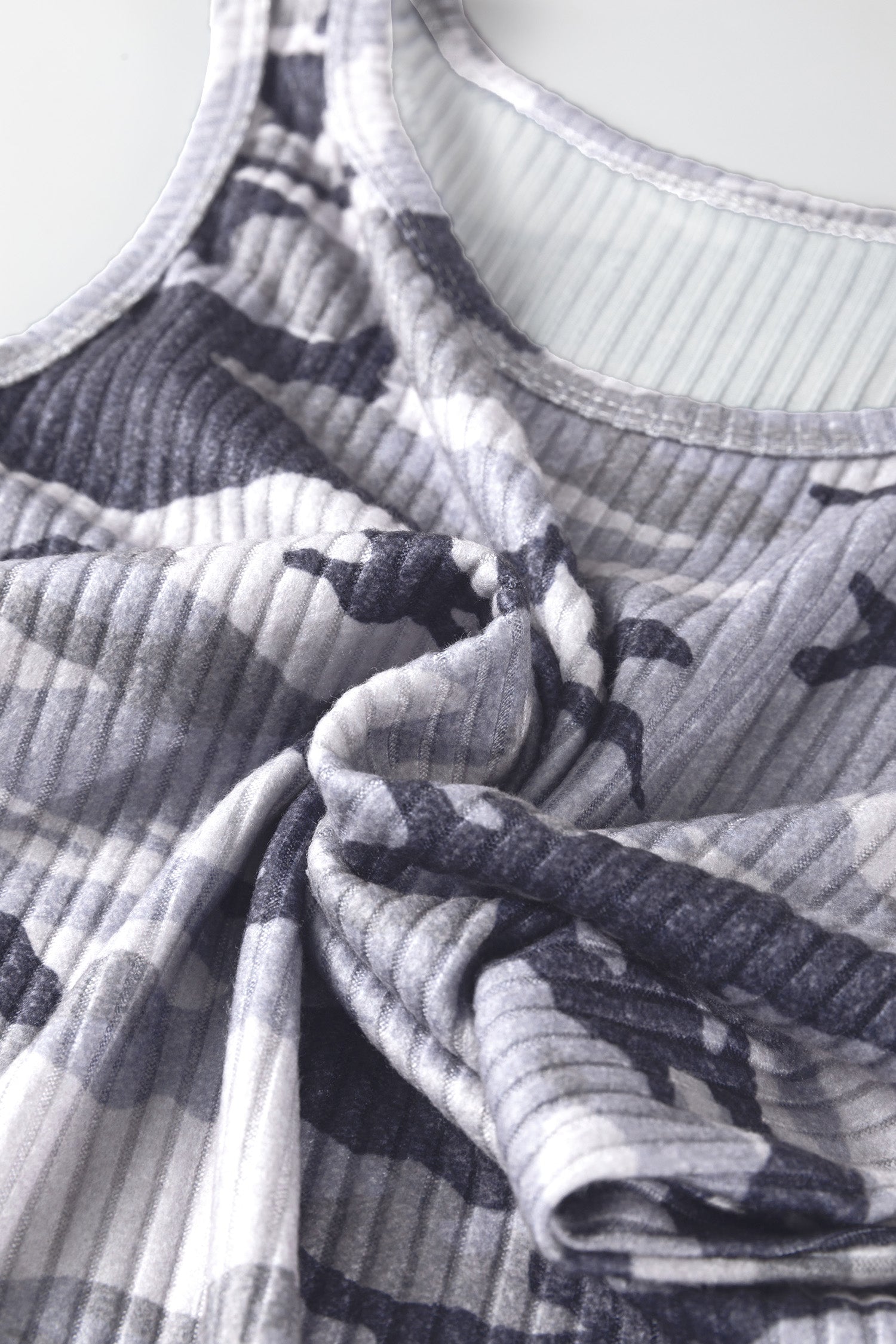 Gray Camouflage Print Ribbed Knit Round Neck Tank Top-Tops/Tank Tops-[Adult]-[Female]-2022 Online Blue Zone Planet