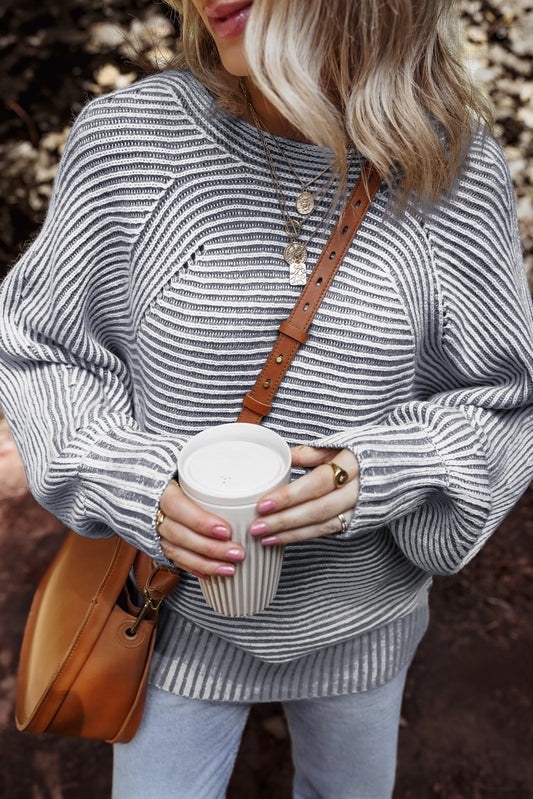 Ashleigh Blue Striped Print Ribbed Knit Boat Neck Baggy Sweater-Sweaters & Cardigans/Sweaters-[Adult]-[Female]-Ashleigh Blue-S-2022 Online Blue Zone Planet