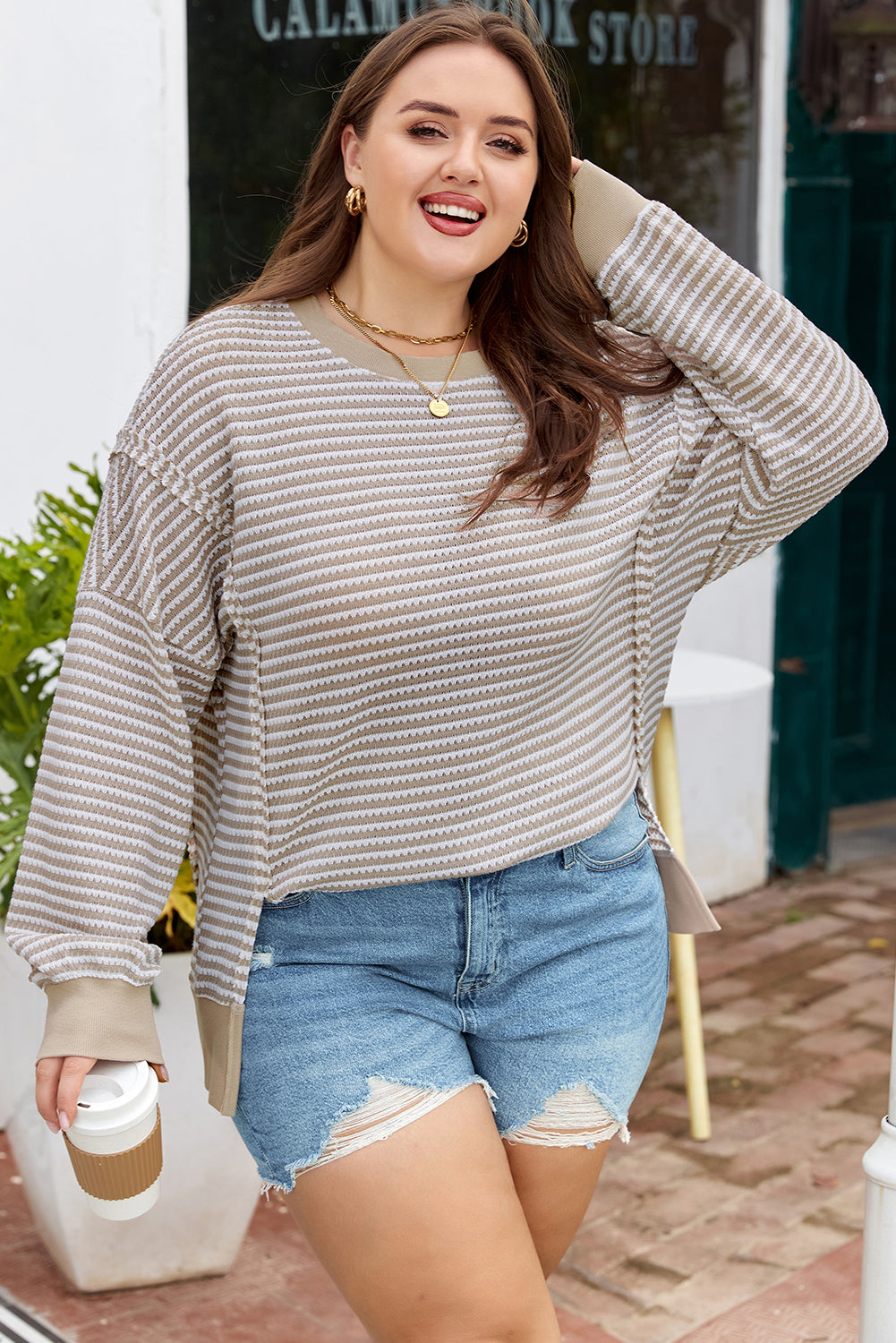 Brown Stripe Plus Size Breathable Knit Ribbed Trim Long Sleeve Top-Plus Size/Plus Size Tops/Plus Size Long Sleeve Tops-[Adult]-[Female]-2022 Online Blue Zone Planet