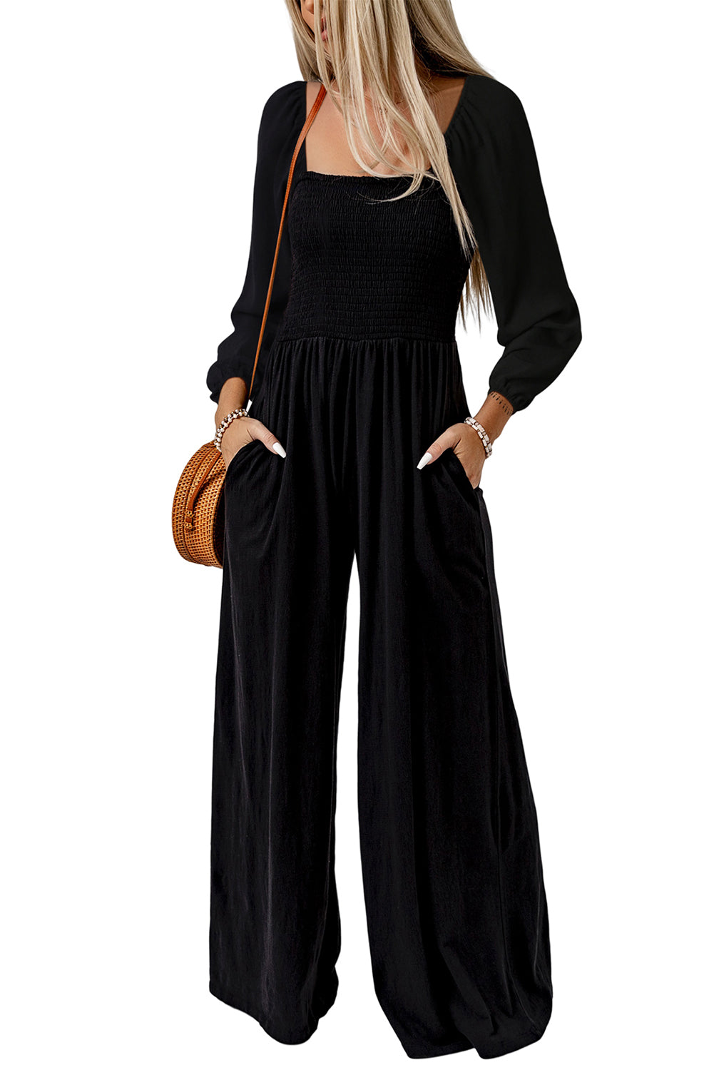 Green Smocked Square Neck Long Sleeve Wide Leg Jumpsuit-Jumpsuits-[Adult]-[Female]-2022 Online Blue Zone Planet