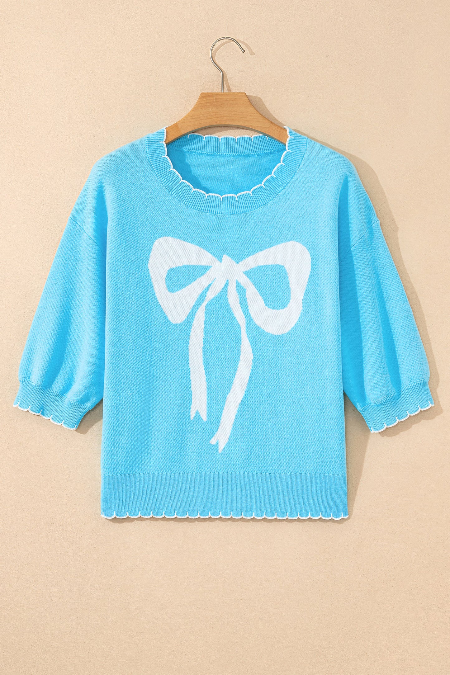 Light Blue Big Ribbon Bow Print Contrast Stitch Trim Drop Shoulder Sweater-TOPS / DRESSES-[Adult]-[Female]-2022 Online Blue Zone Planet