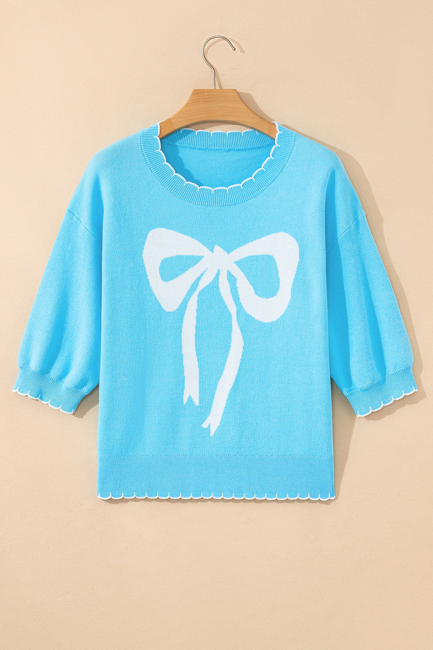 Light Blue Big Ribbon Bow Print Contrast Stitch Trim Drop Shoulder Sweater-TOPS / DRESSES-[Adult]-[Female]-2022 Online Blue Zone Planet