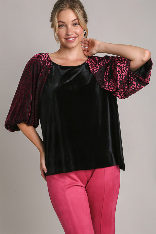 Umgee Round Neck Leopard Balloon Sleeve Velvet Top-TOPS / DRESSES-[Adult]-[Female]-Black-S-2022 Online Blue Zone Planet