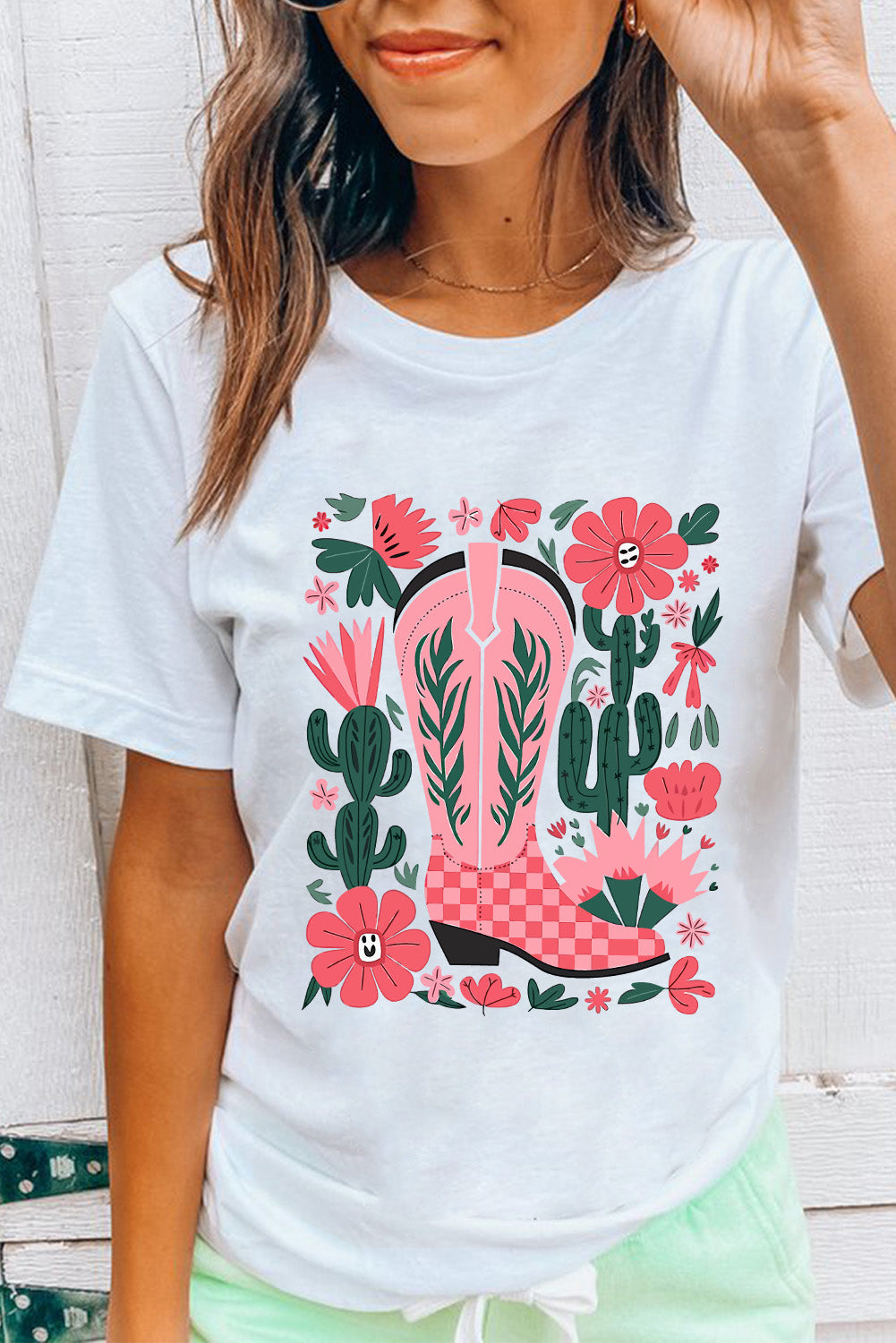 White Western Boots Flower Print Round Neck T Shirt-Graphic/Graphic Tees-[Adult]-[Female]-2022 Online Blue Zone Planet