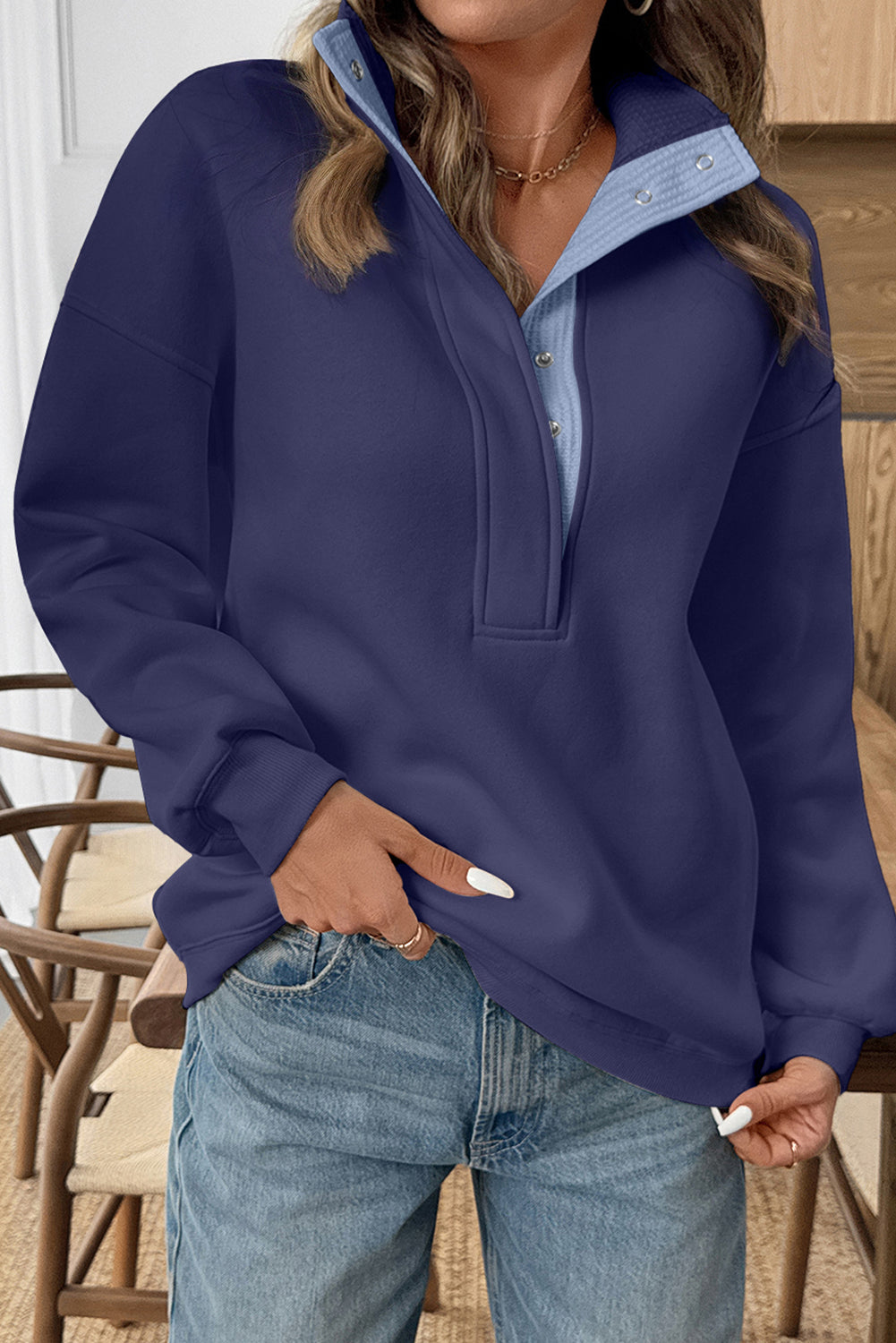 Dirty blue Drop Shoulder Metal Button Casual Pullover Sweatshirt-Tops/Sweatshirts & Hoodies-[Adult]-[Female]-Dirty blue-S-2022 Online Blue Zone Planet