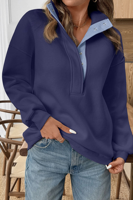 Dirty blue Drop Shoulder Metal Button Casual Pullover Sweatshirt-Tops/Sweatshirts & Hoodies-[Adult]-[Female]-Dirty blue-S-2022 Online Blue Zone Planet